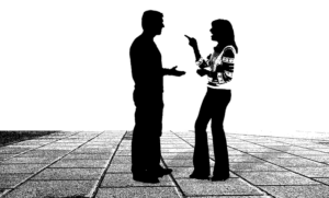 silhouette of man and woman talking